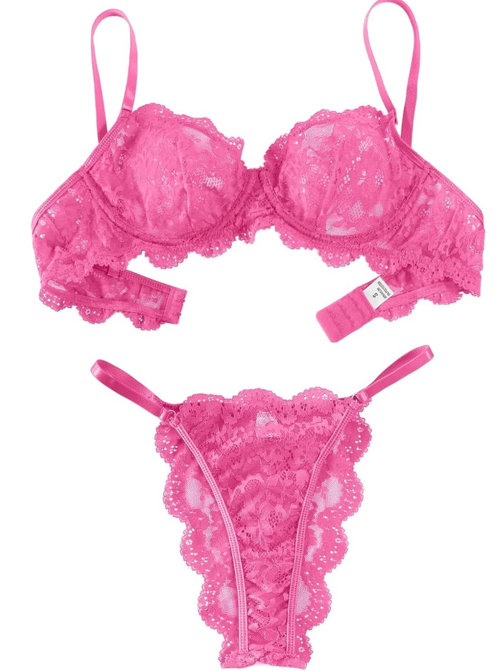 Lace Underwire Bra & Thong Set - Hot Pink